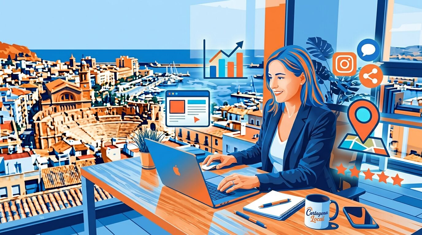 Pequeño negocio planificando marketing digital local en Cartagena